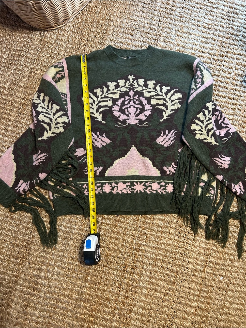 Nasty Gal Olive Green Pink Fringe Crewneck Sweater